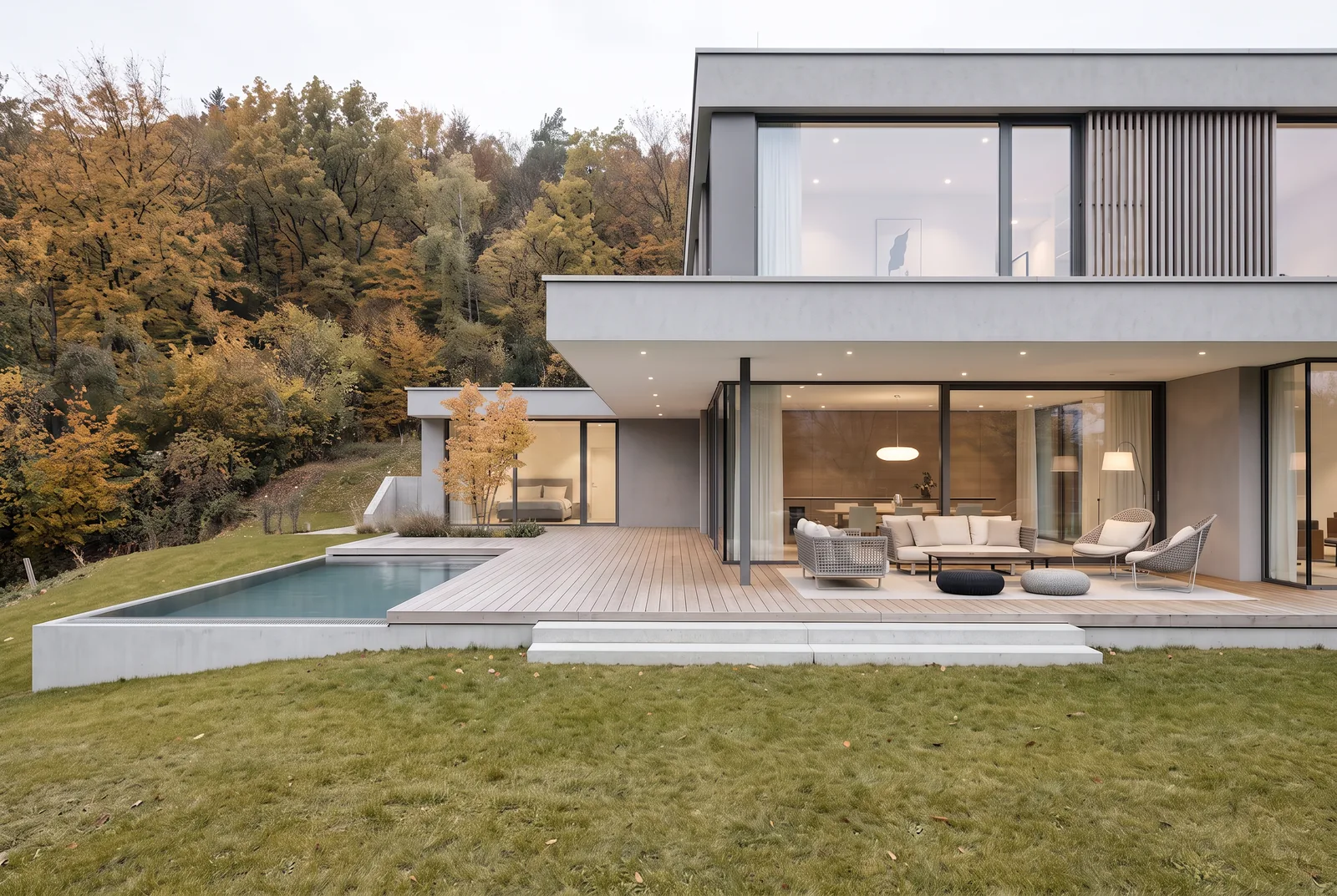Haus H2, Außenansicht am Abend