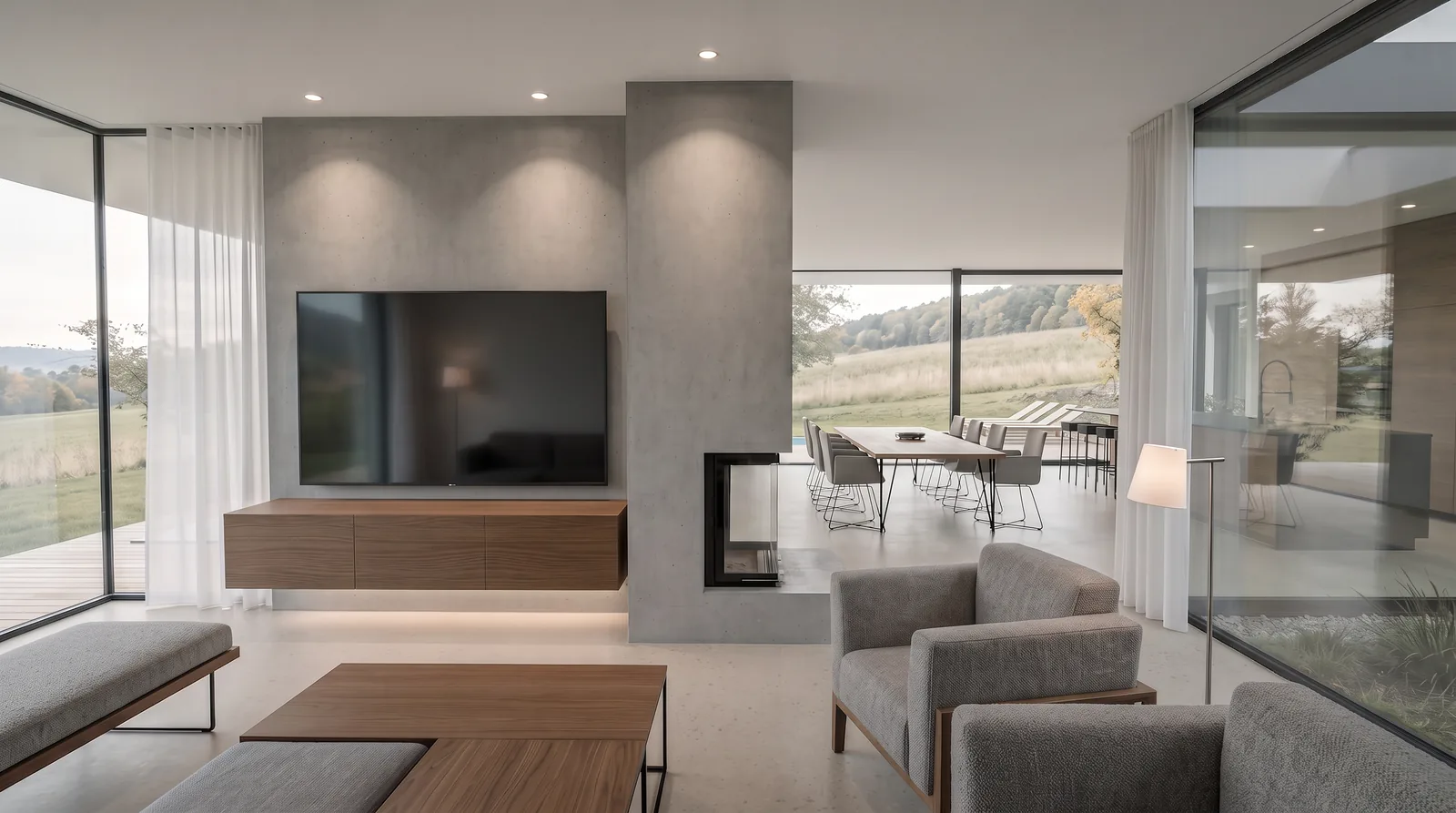 Haus H2: Wohnzimmer mit Kamin und Blick in die Wiesen