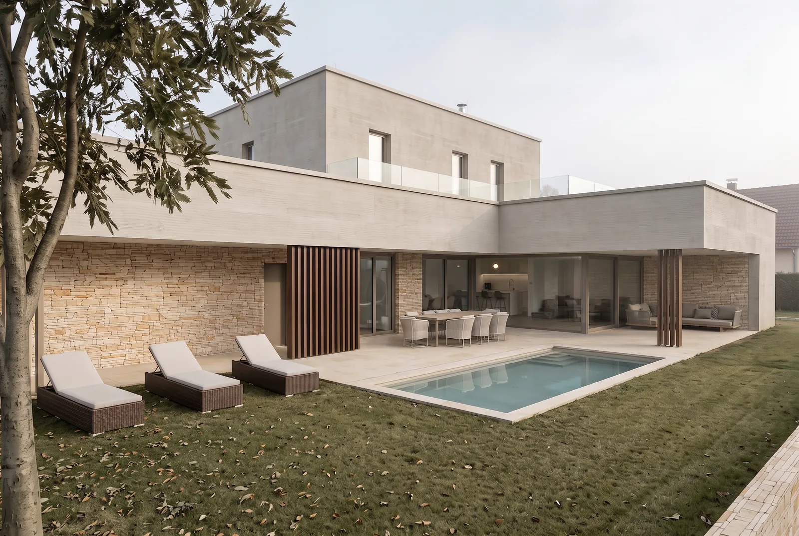 Haus W2, Poolhof aus schräger Perspektive