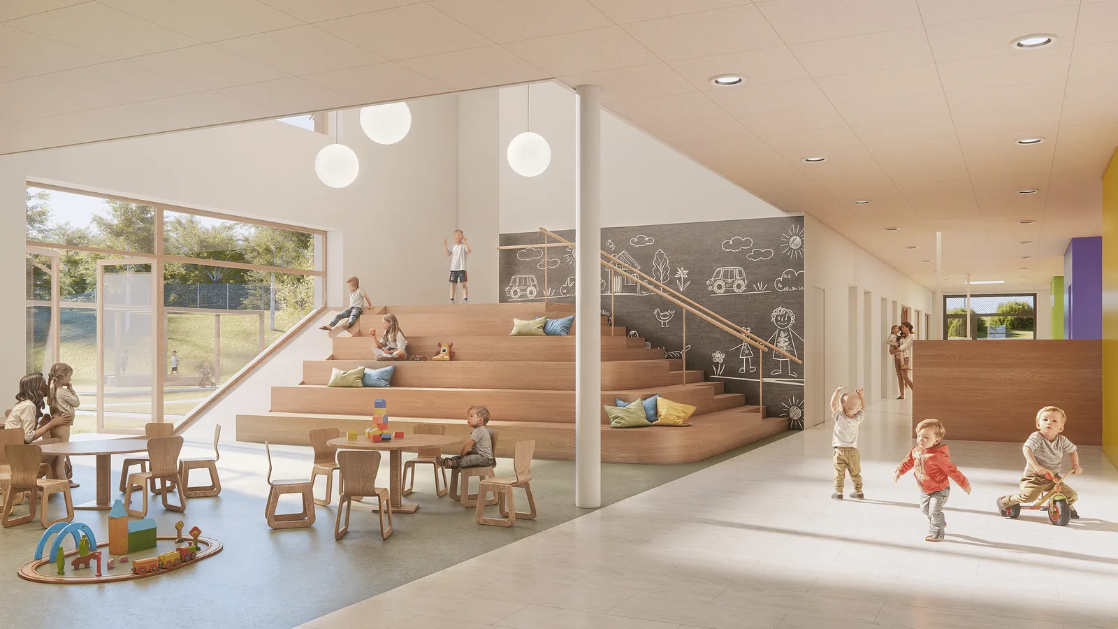 Kindergarten LEO, Innenrendering der Erschließung