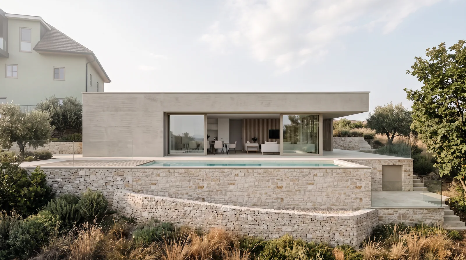 Poolhaus J: eingeschoßiger Pavillon am Pool mit Natursteinterrassen