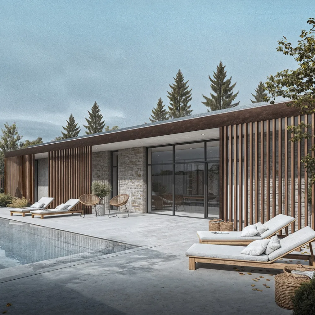 Haus BRO: Innenhof öffnet sich zum Wald, Materialien Holz und Stein