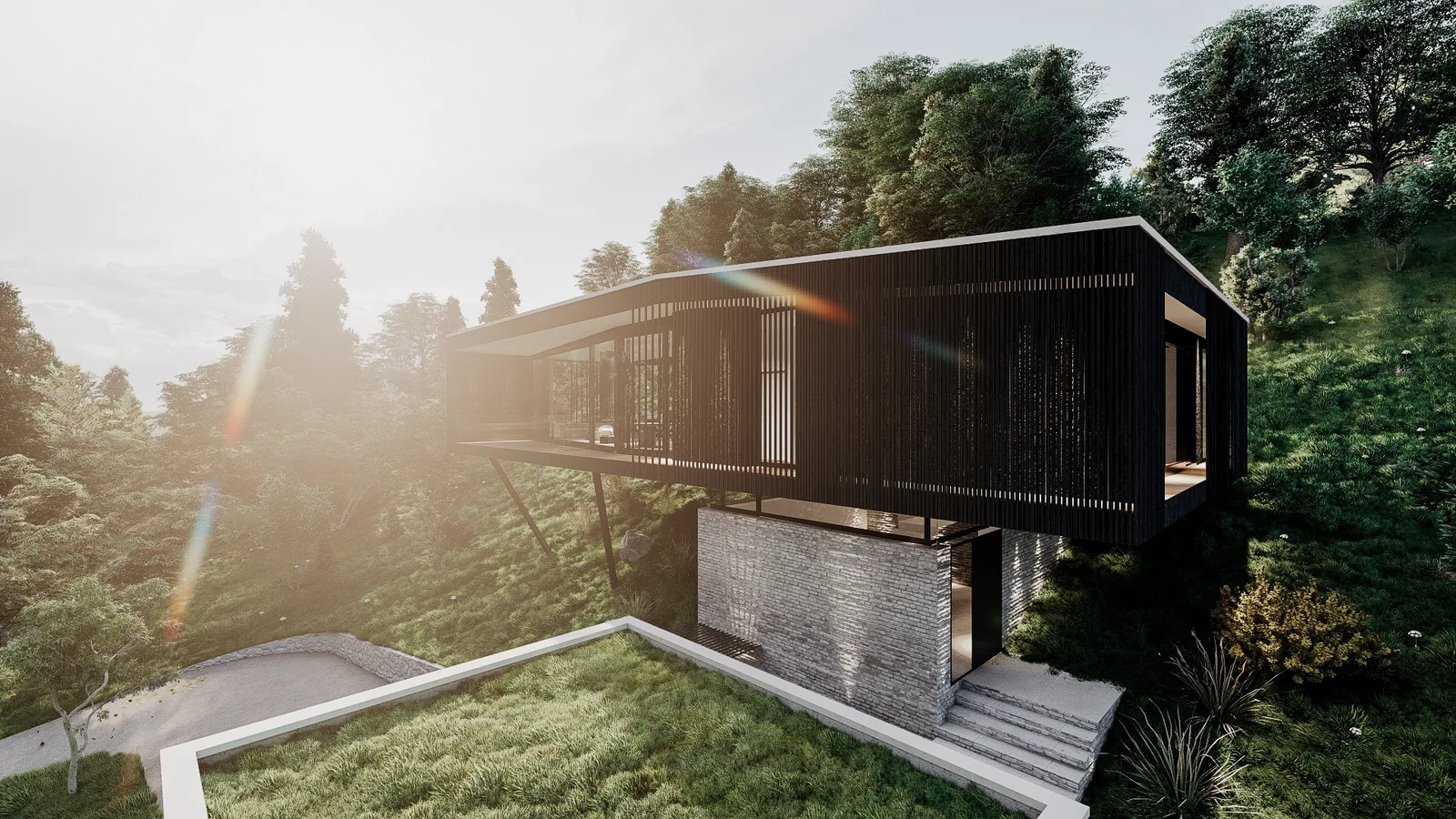 Wochenendhaus S, Frontansicht mit Natursteinsockel